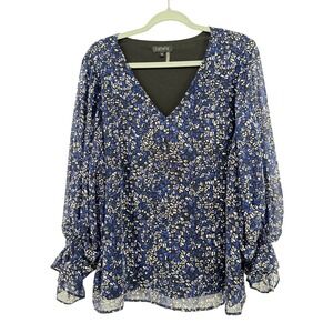 1 STATE Womens Blue Animal Print V Neck Long Balloon Sleeve Blouse Top XL